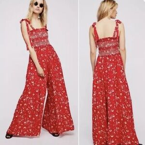 EUC Free People Color My World smocked wide leg jumpsuit red size small